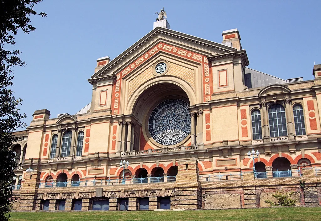 The Rose Window front of Alexandra Palace. Knit + Stitch fills the Great Hall behind it, plus the West Hall and the Panorama Room.