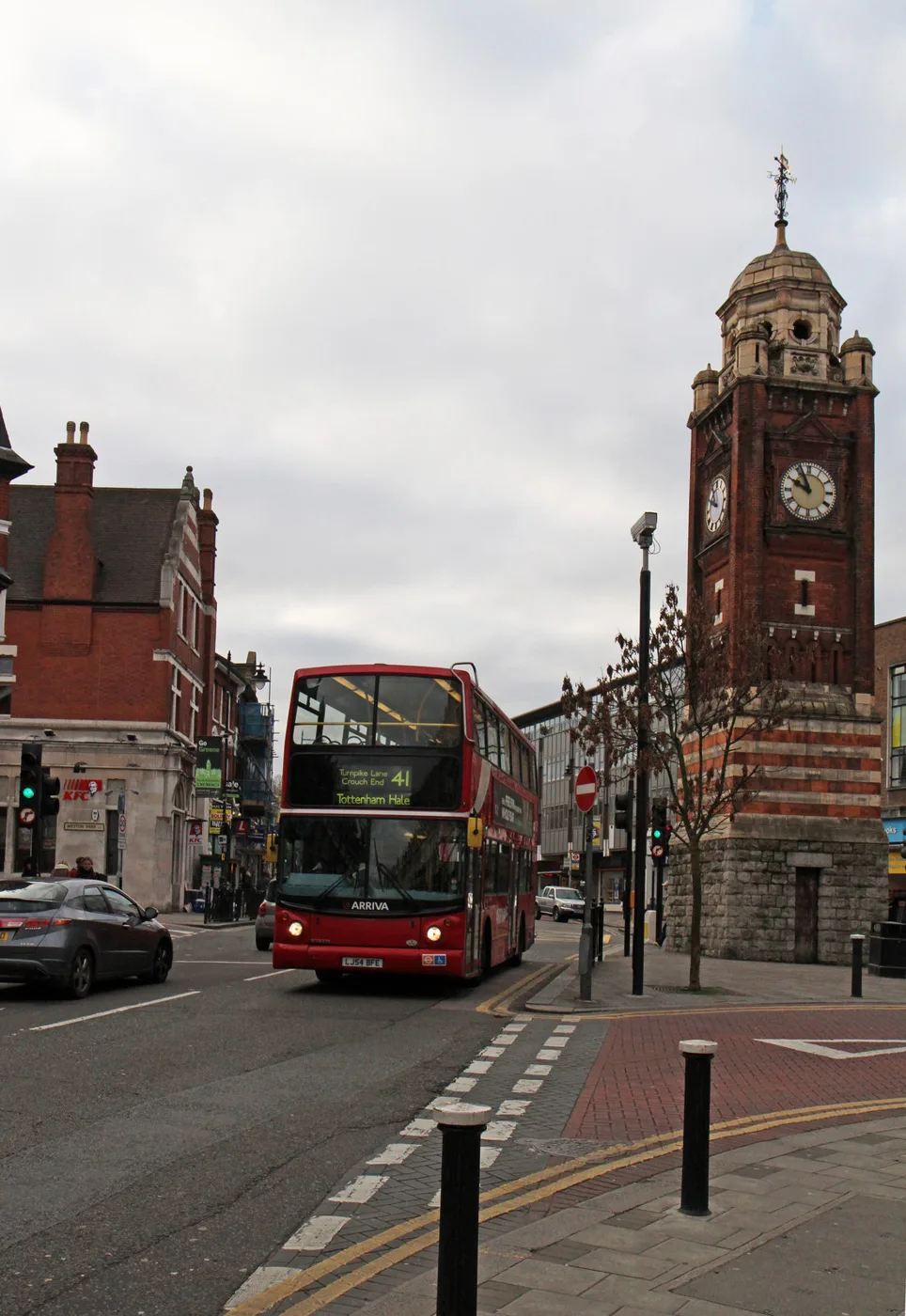An Arriva route 41 at the Crouch End clock tower. The 41 and the night N41 are the two routes here on TfL's strike list. The photo predates the dispute.
