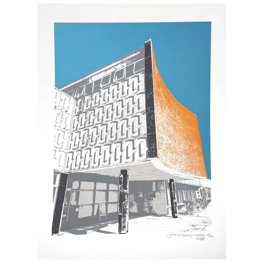 Screenprint of a modernist library building with a patterned facade and an orange curved wall against a blue sky