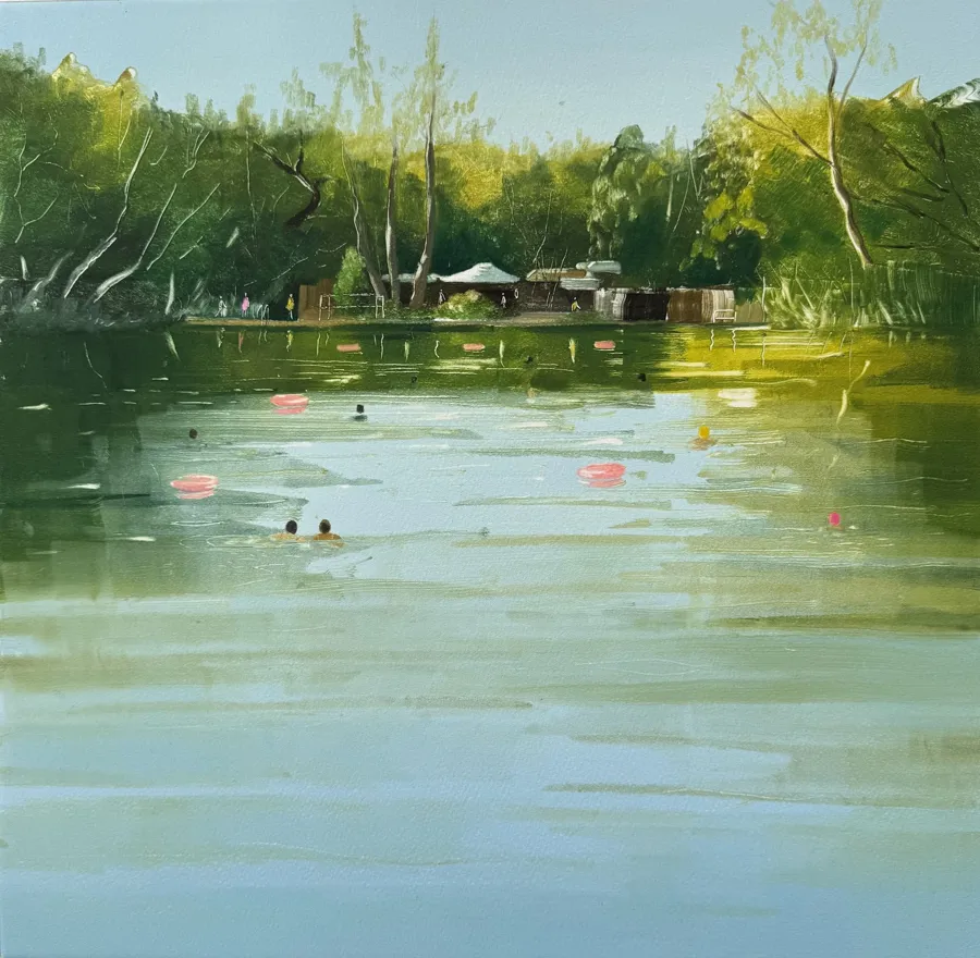 Painting of swimmers in a green pond ringed by trees