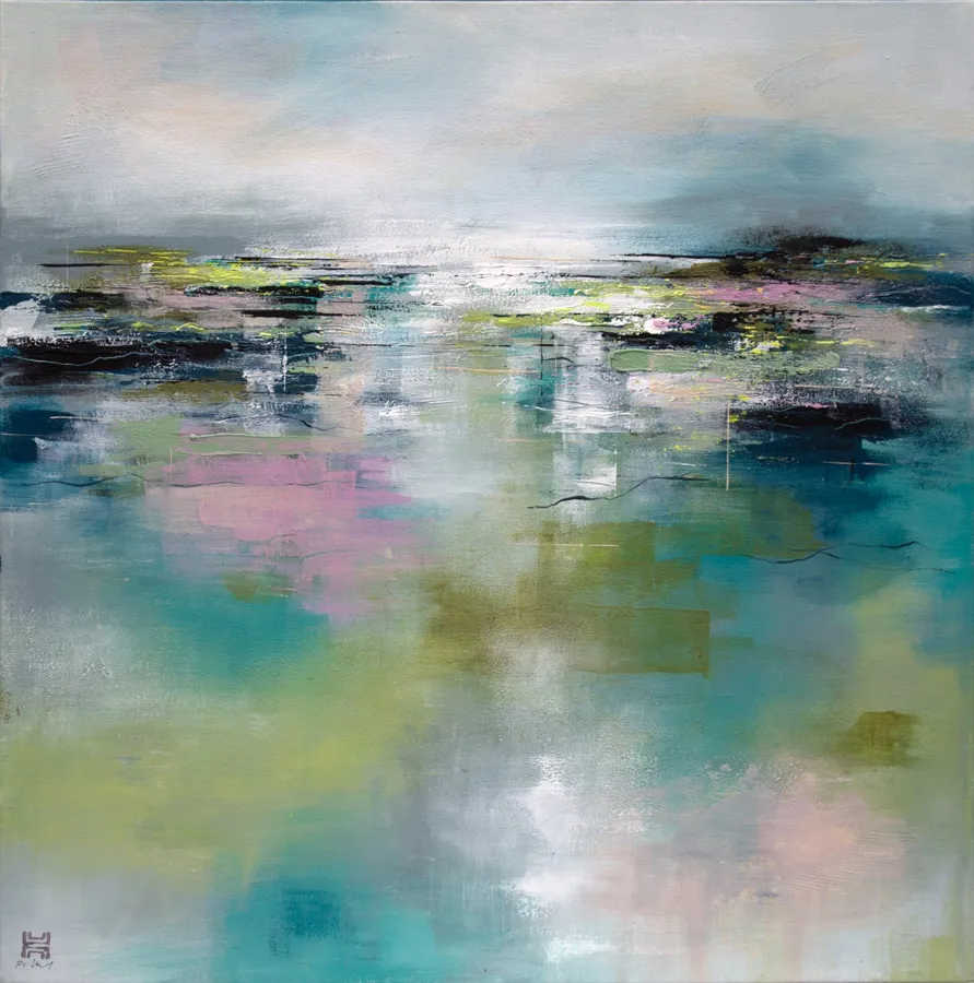 Abstract painting of water and sky in teal, pink and green