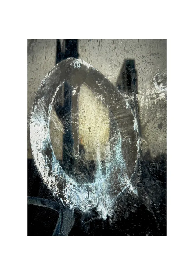 Dark mixed-media image of a pale oval shape