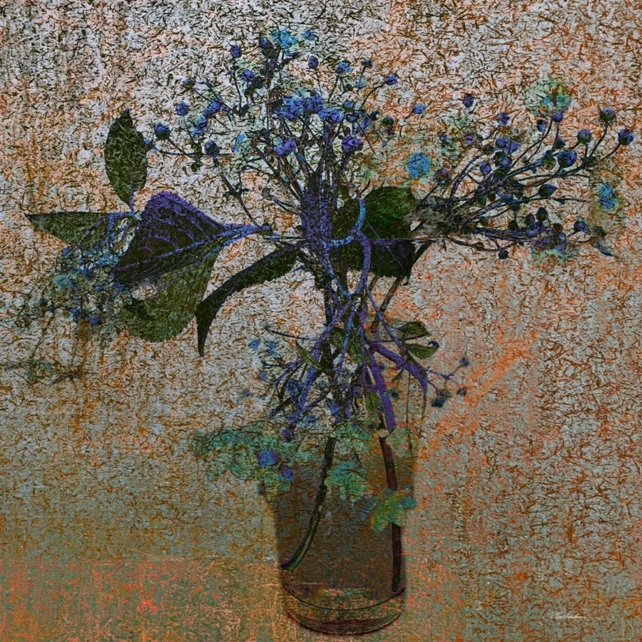 Digital collage of blue thistles in a glass on a speckled orange ground