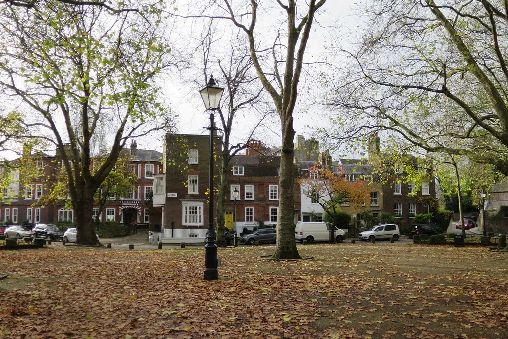 Pond Square, Highgate, in autumn. The Highgate Society's carols are sung here in December, and the lights switch-on is a few yards away on South Grove.