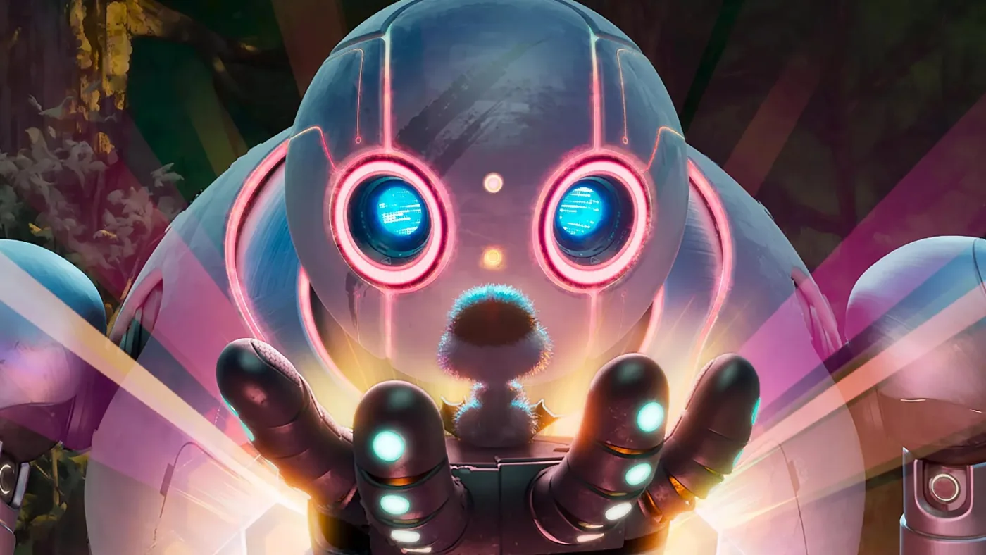 Animated still of a large robot with glowing round eyes holding something small in its hands